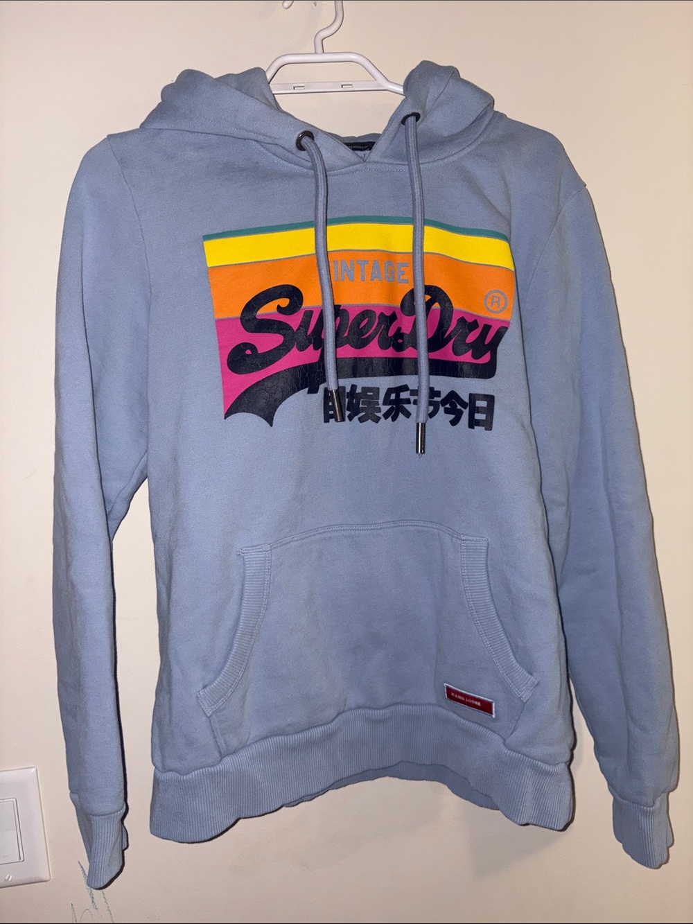 Superdry Light Blue Hoodie with Retro Multicolor Logo